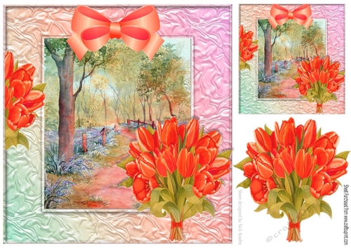 lovely spring walk amongst the bluebells and red  tulips 8x8