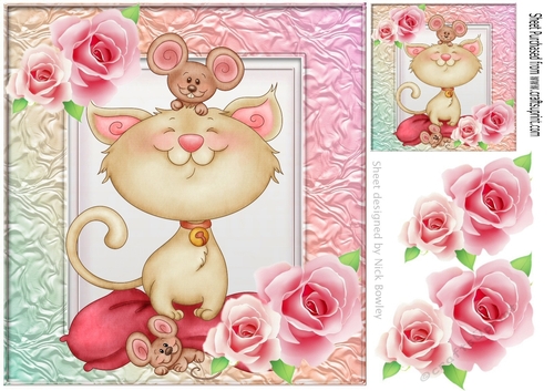 Cute kitty with mice and pink roses 8x8
