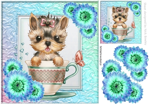 Loveable little yorkie in a teacup with flowers 8x8