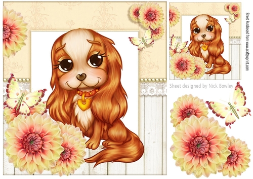 Cute little cavalier with pretty flowers & butterfly 8x8