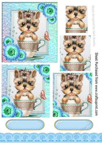 Loveable little yorkie in a teacup with flowers pyramids