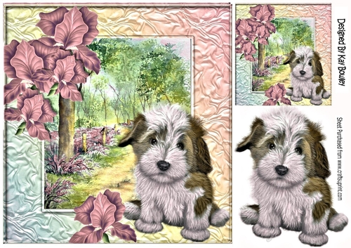 Cute little puppy with spring woodland and irisis 8x8
