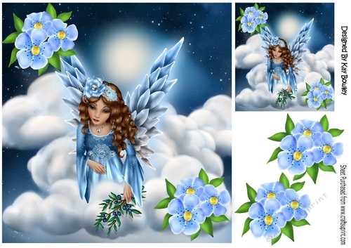 fantasy angel in the clouds with pretty blue flowers