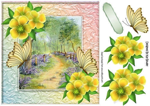 Pretty yellow flowers in the spring woodland with butterflies 8x8
