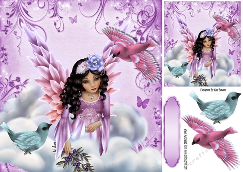Pretty fantasy angel in lilac with pretty birds 8x8