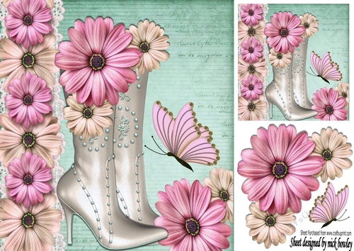 Boots with pretty pink flowers and butterflies 8x8