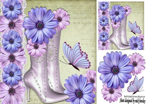 Boots with pretty purple flowers and butterflies 8x8