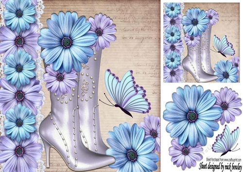 Boots with pretty blue flowers and butterflies 8x8