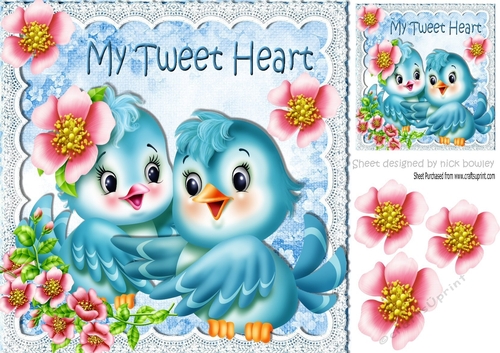 My Tweet Heart! with cute little turq birds and flowers 8x8
