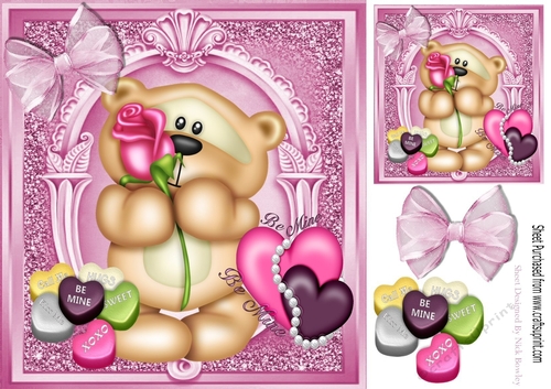 Little love bear with lots of love hearts and bow 8x8