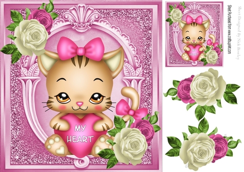 pink kitty with hearts and roses 8x8