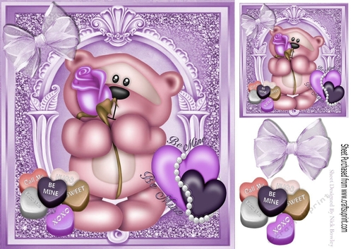 Little love bear with lots of love hearts and purple bow 8x8