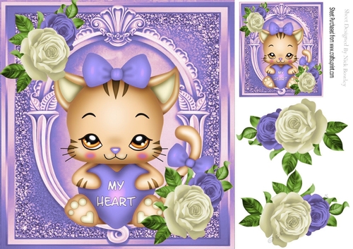 pink kitty with hearts and purple roses 8x8