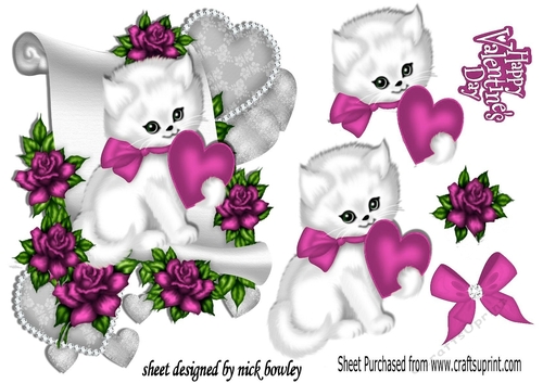 cute white kiitty with pink heart and roses on a scroll