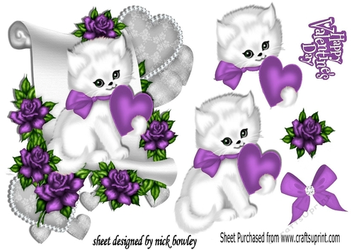 cute white kiitty with purple heart and roses on a scroll, 