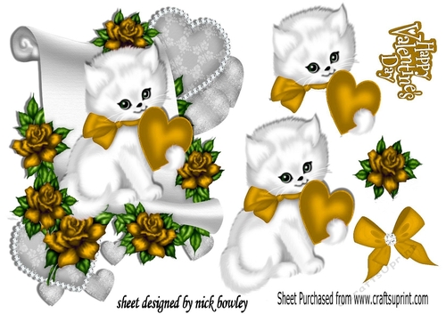 cute white kiitty with gold heart and roses on a scroll,