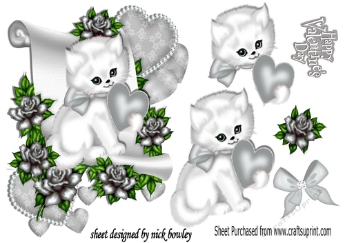 cute white kiitty with silver heart and roses on a scroll,