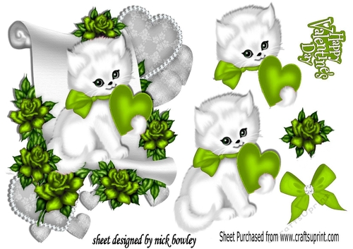 cute white kiitty with L/Green heart and roses on a scroll,