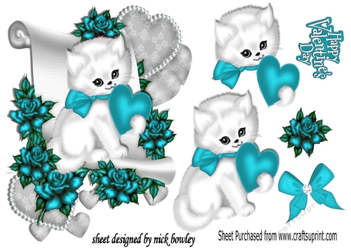 cute white kiitty with turq heart and roses on a scroll,