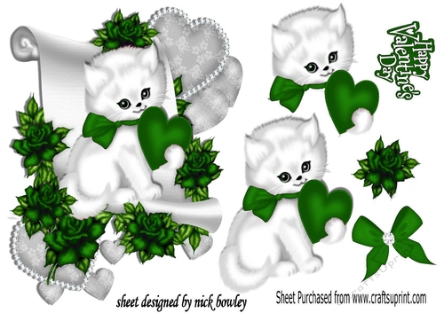 cute white kiitty with green  heart and roses on a scroll,