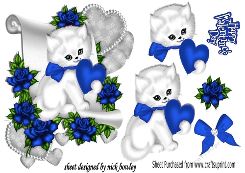 cute white kiitty with R/Blue heart and roses on a scroll,