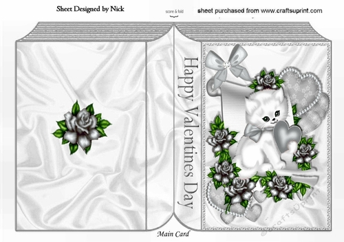 cute white kiitty with silver  heart and roses on a scroll folded book,