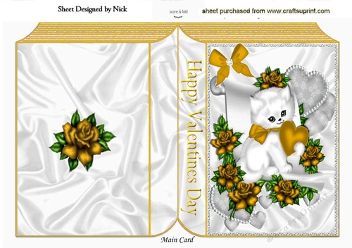 cute white kiitty with gold  heart and roses on a scroll folded book,