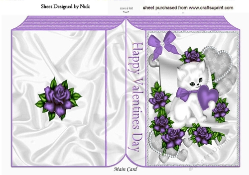 cute white kiitty with purple heart and roses on a scroll folded book,
