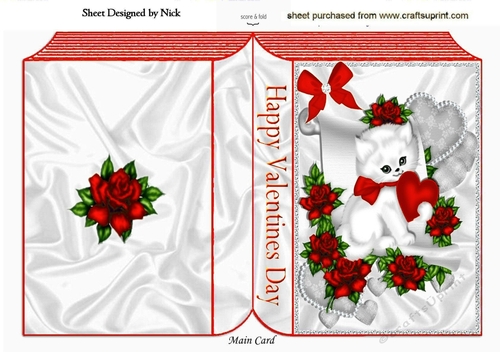 cute white kiitty with red  heart and roses on a scroll folded book,