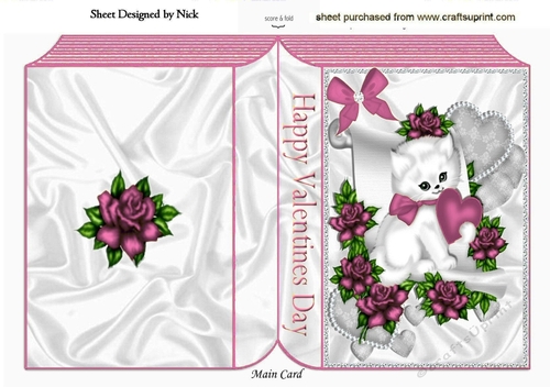 cute white kiitty with pink  heart and roses on a scroll folded book,