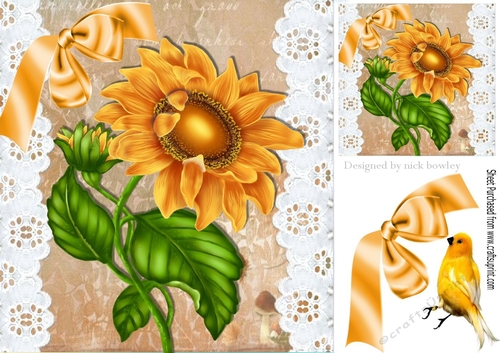 Pretty golden yellow sunflower with broderie anglaise and bird 8x8