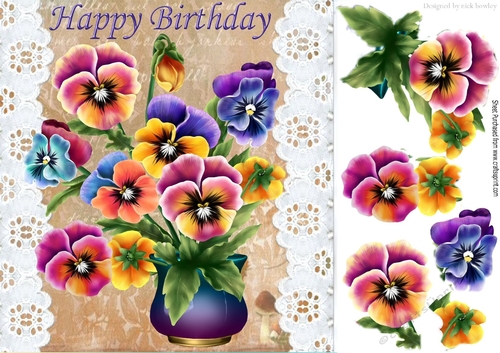 pretty coloured pansies in a flower bowl with broderie anglaise 8x8