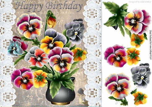 pretty coloured pansies in a silver flower vase with broderie anglaise 8x8