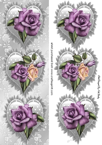 Pretty purple cream roses on a silver frill heart, tall DL