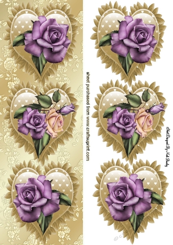 Pretty purple cream roses on a gold frill heart, tall DL