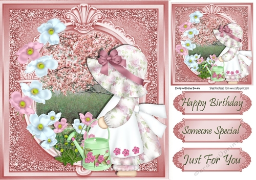 pretty bonnet girl with flowers and blossoms 8x8