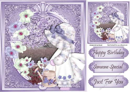 pretty bonnet girl with purple flowers and blossoms 8x8