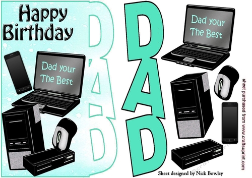 Dad your the best, in turq with  Computer, mobile lots of Accessories over the edge