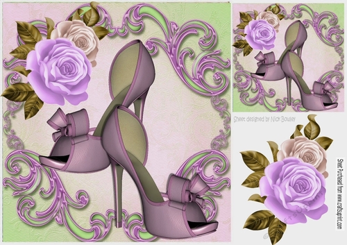 pretty purple shoes in ornate frame with roses 8x8