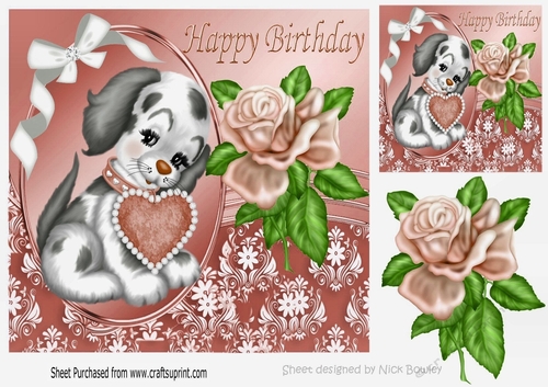 puppy love with heart and peach rose for BIRTHDAY 8x8