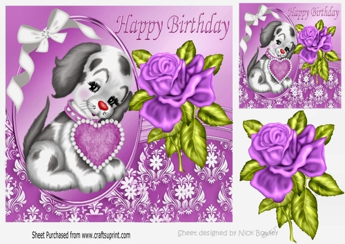 puppy love with heart and lilac rose for BIRTHDAY 8x8