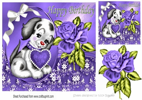 puppy love with heart and purple rose with sparkle bow for BIRTHDAY 8x8