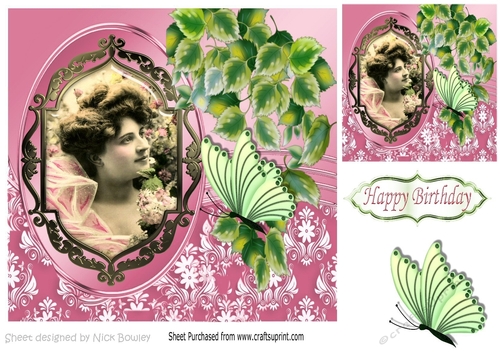 pretty vintage lady with cascading ivy & butterfly 8x8