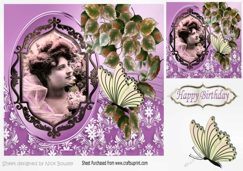 pretty vintage lady  in lilac with cascading ivy & butterfly 8x8