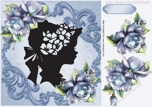  Pretty Blue winter roses with vintage silhouette lady 8x8