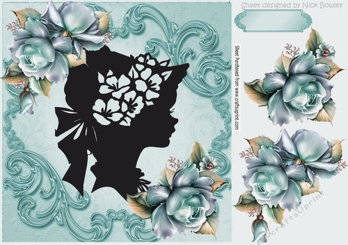 pretty turq roses with vintage  silhouette lady 8x8