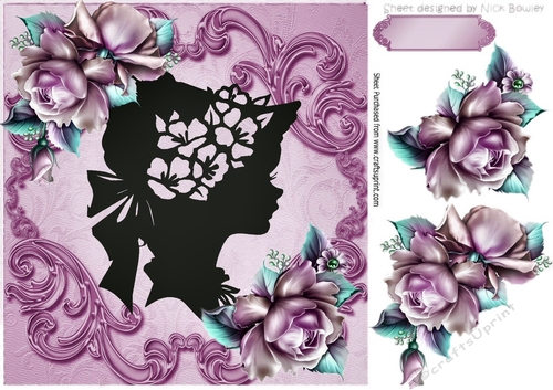 pretty pink roses with vintage  silhouette lady 8x8