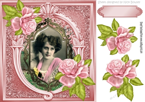 vintage lady in shawl with pink roses in ornate frame 8x8