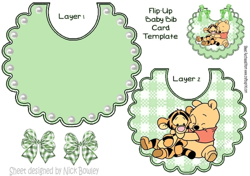 Little bear cuddling tiger on a green gingham bib