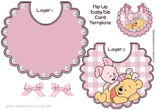 Little bear playing with little piggy on a  pink gingham bib